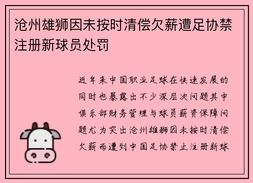 沧州雄狮因未按时清偿欠薪遭足协禁注册新球员处罚